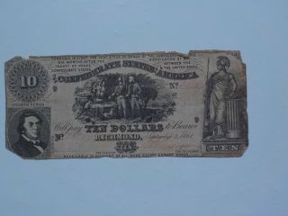 Civil War Confederate 1861 10 Dollar Bill Richmond Virginia Paper Money Note