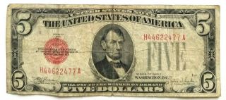 1928 - E $5 Five Dollar Bill Us Note With Red Seal Circulated