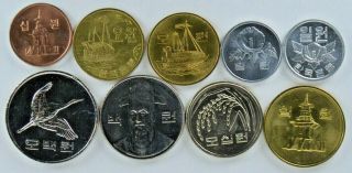 South Korea 9 - Piece Uncirculated Variety Coin Set,  1 To 500 Won