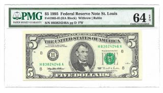 1995 $5 St Louis Frn,  Pmg Choice Uncirculated 64 Epq Banknote