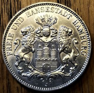 German States 1914 - J City Of Hamburg 3 Marks Brilliant Au Silver Coin