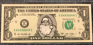 " Santa Claus " $1 Dollar Federal Reserve Note (bill) In Holder