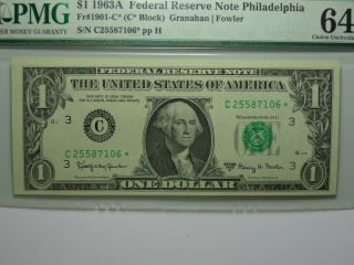 1963 A $1 DOLLAR FRN PHILADELPHIA STAR NOTE FR 1901 - C PMG CHOICE UNC - 64 EPQ 2