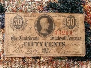 April 6th,  1863 - 50 Cent Confederate Currency - Rarer Red Serial Number - Bold.