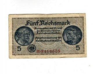 Xxx - Rare 5 Reichsmark Third Reich Nazi Banknote Ww Ii Fine Con