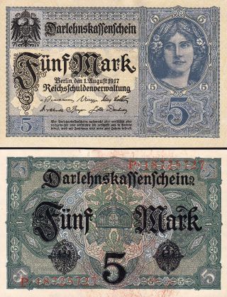 Germany 5 Mark 1917,  Au / Unc,  P - 56,  With Completely Watermark