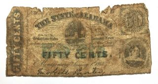 1863 State Of Alabama 50 Cents Confederate States Treasury Civil War Banknote