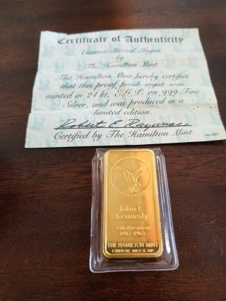 1974 Hamilton John F.  Kennedy Gold Over 1oz Silver Art Bar Serial 4464