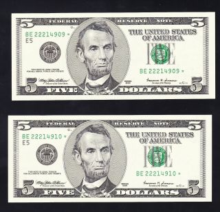 1999 $5 Star Richmond Frns Two Consecutive Notes - Fr 1987 - E Gem Uncirculated