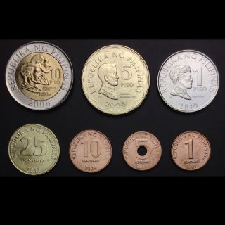 [f - 1] Philippines Set 7 Coins,  1,  5,  10,  25 Sentimo,  1,  5,  10 Piso,  2005 - 11,  Unc