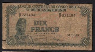 10 Francs From Congo - Belge,  Ruanda - Urundi 1958