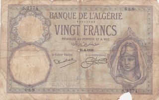20 Francs Vg - Poor Banknote From French Algeria 1928 Pick - 78 Big Type