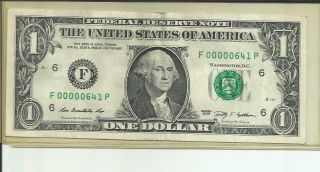 2009 Low Serial Number $1 Dollar Note 00000641