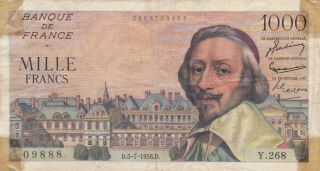 1000 Francs Vg Banknote From France 1956 Pick - 134