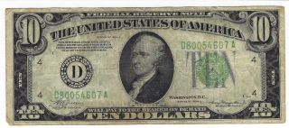 Series Of 1934 A $10 Ten Dollar Bill Federal Reserve Note Currency Green Seal
