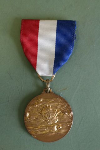 Vintage Swimming Medal W/ King Neptune,  Red,  White & Blue Ribbon - Brass Or Bronze