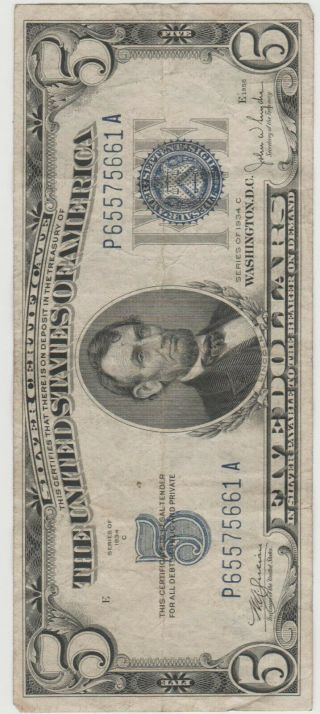 1934 - C $5 Five Dollar Silver Certificate Blue Seal Note 2