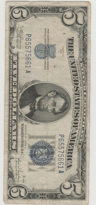 1934 - C $5 Five Dollar Silver Certificate Blue Seal Note 3