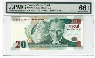 P - 219 2005 20 Lira,  Turkey Central Bank,  Pmg 66epq Gem,
