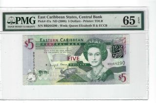 P - 47a 2008 $5,  East Caribbean States,  Central Bank,  Pmg 65epq Gem