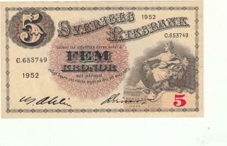 Sveriges Riksbank Sweden Banknote 5 Kronor 5 Krones 1952
