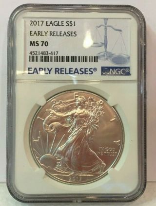2017 American Silver Eagle Ngc Ms70 Early Releases Blue Label 1oz Coin