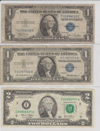 1935 & 1957 $1 Silver Certificates 2 Notes Old Us Paper Money,  2 Dollar 2003