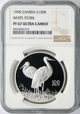 1998 Zambia Silver 100 Kwacha Ngc Pf67 Ultra Cameo Ucam White Stork