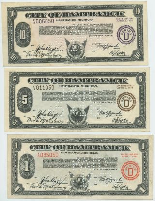City Of Hamtramck Michigan Depression Scrip Notes Set Of 3 1934 $1 $5 $10