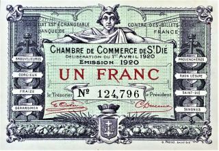 1920 France Chambre De St Die 1 Franc Currency Note " Mercury " Uncirculated