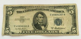 1953 A $5 United States Note Five Dollar Bill With Blue Seal