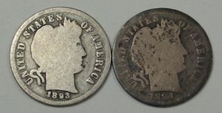 2 Better - Date Silver Barber Dimes.  1893 - G.  1894 - Key - Ag.  67