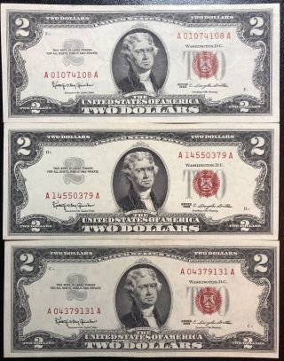 Series 1963 $2 Red Seal Usn Fr.  1513 Set Of 3 (block A - A) Almost Uncirculated