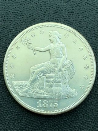 1875 - S Trade Dollar Silver Coin Seated Liberty Cleaned Au