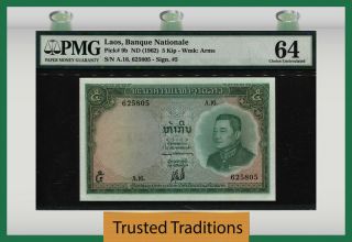 Tt Pk 9b 1962 Laos Banque Nationale 5 Kip " S.  Vong " Pmg 64 Choice Uncirculated