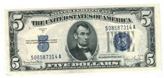 1934 D Us $5 Five Dollar Silver Certificate Blue Seal Currency Note H08587314