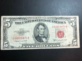 1953 - B Red Seal U.  S $5 Five Dollar Bill Bank Note - One 670