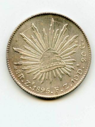 1895 Mexico Silver 8 Reales Zacatecas Cap & Rays Uncirculated - Cleaned