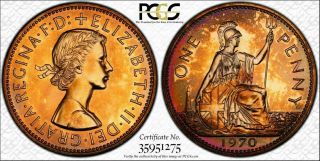 1970 Great Britain One 1 Penny Pcgs Pr67rb Toned Highest Graded Finest Known