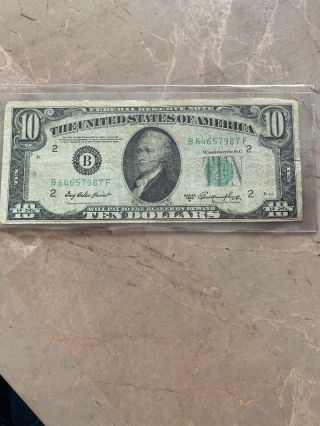 1950 A $10 Dollar Federal Reserve Note Laminated