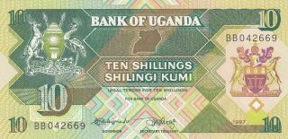 10 Shilingi Unc Banknote From Uganda 1987 Pick - 28