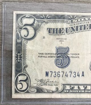 Series 1934 C $5 Silver Certificate Note - FR 1653 - US Paper Money G71 2
