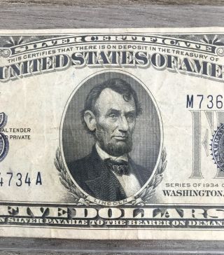 Series 1934 C $5 Silver Certificate Note - FR 1653 - US Paper Money G71 3