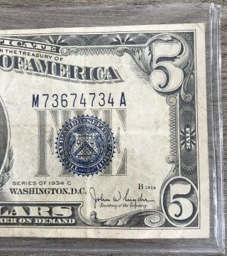 Series 1934 C $5 Silver Certificate Note - FR 1653 - US Paper Money G71 4