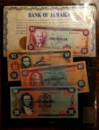 Bank Of Jamaica 1977 Collectors Set 4 Star Notes $1 $2 $5 $10 (004043) Crisp Unc