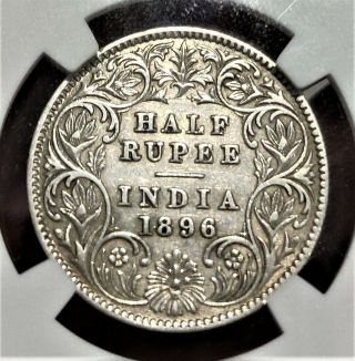 British India,  1896,  1/2 Rupee,  Ngc Very Fine 30,  Qv Silver Coin,  Km 491.