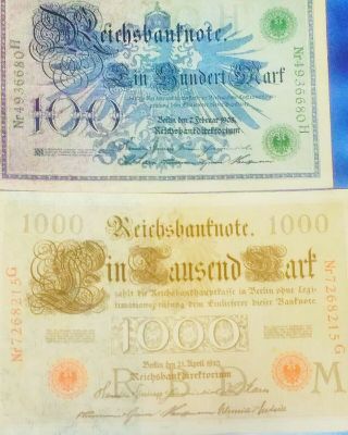 Vintage1908 And 1910 German 100 &1000 Marks In Vf,