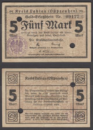 Germany 5 Mark 1918 (vf) Canceled Banknote Labiau (russia Today)
