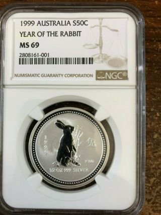 1999 Australia 50c 1/2 Oz Silver Perth Lunar Year Of The Rabbit Coin & Ngc Ms 69
