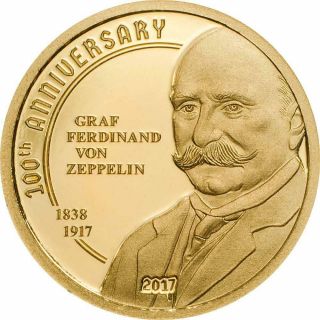 Cook Islands 2017 5$ 100th An.  Graf Ferdinand Von Zeppelin Gold 0.  5g 9999 Pp Coin